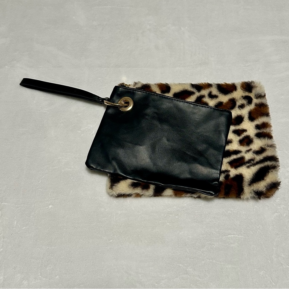 Universal Thread Black and Leopard Print Clutch Y2K Faux Fur Glam Rock